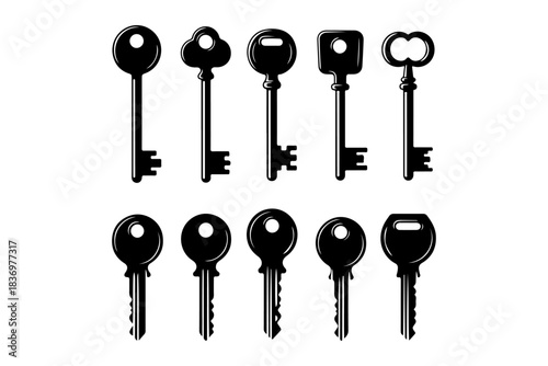 Elegant black key silhouettes, a diverse collection symbolizing security, access, and the power to unlock new opportunities and solutions