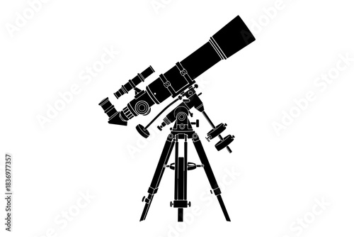 Detailed vector silhouette of an astronomical telescope on a tripod, an optical instrument essential for stargazing, celestial observation, and exploring the wonders of the night sky