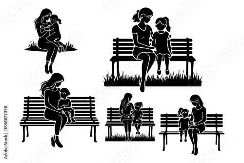 A heartwarming collection of black and white silhouette illustrations capturing mothers and their children sharing tender moments on park benches, symbolizing nurturing bonds and family connections