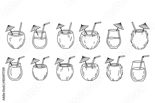 A collection of line art illustrations of coconut drinks with straws and umbrellas, perfect for tropical and summer themes
