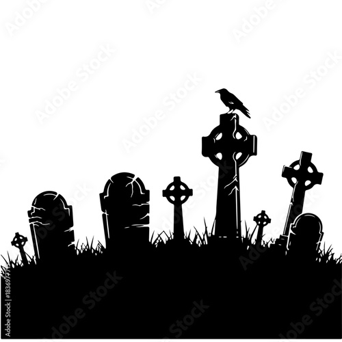 A spooky silhouette of a graveyard with tombstones and a crow perched on a Celtic cross, evoking a sense of Halloween or a Gothic atmosphere