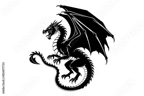 Dynamic black dragon illustration, a powerful mythical beast with spread wings, embodying legendary tales and fantasy world wonder
