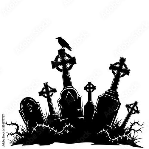 Silhouetted tombstones and a raven on a dark, eerie graveyard at night, symbolizing Halloween and death
