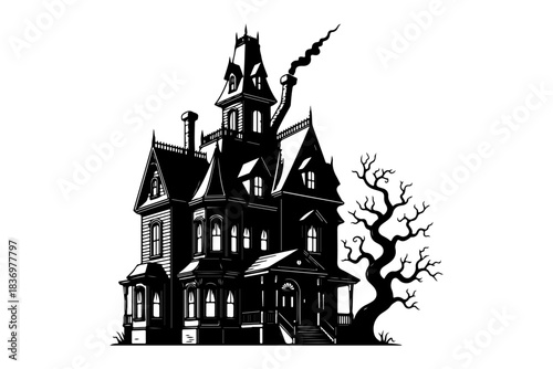 A detailed black and white illustration of an old, eerie gothic mansion with tall spires and a smoking chimney, exuding a mysterious and spooky atmosphere