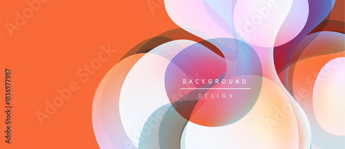 Abstract fluid shapes overlap, creating vibrant color gradients. Orange background complements soft pastel tones. Modern design element.