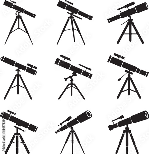Black and white telescope silhouettes science exploration space astronomy vector set