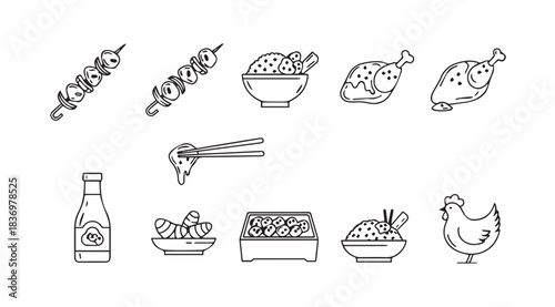 Hand drawn collection of asian food icons featuring noodles skewers and chicken dishes vector