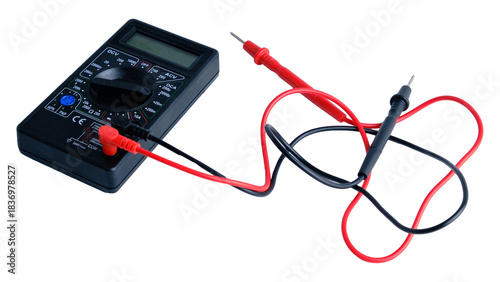 Quadro su tela Digital Multimeter With Red And Black Test Leads On Black Background For Electri