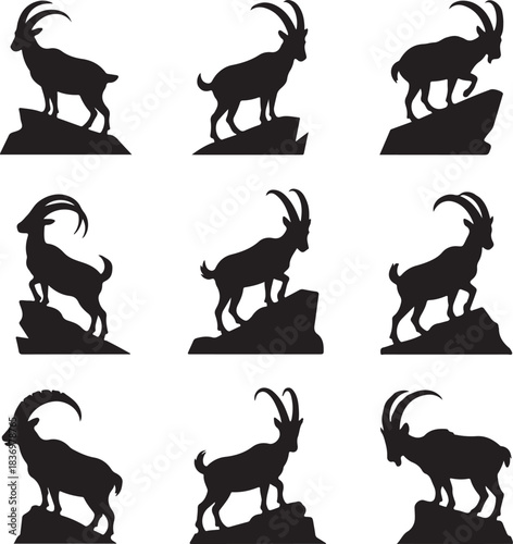 Black silhouette of alpine ibex on rocks in various poses vector