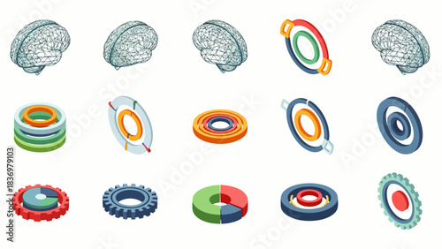 A vibrant collection of isometric 3D abstract shapes, featuring wireframe brains, gears, and data visualization elements, symbolizing technology and innovation.