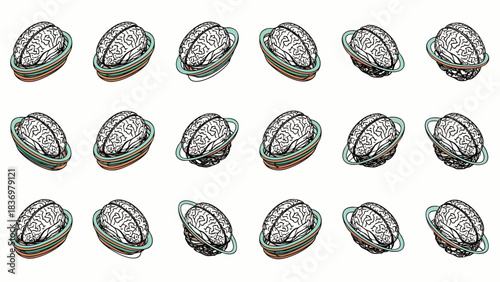 A repeating pattern of stylized planets with rings, presented in a clean, graphic illustration style.