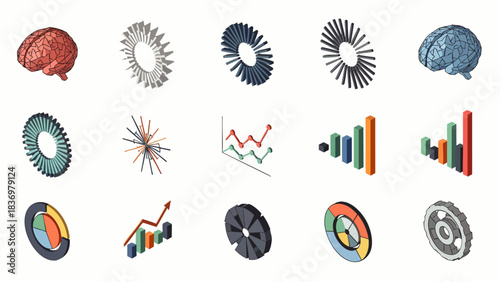 Collection of isometric icons representing data analysis, business growth, and scientific concepts with brains and gears.