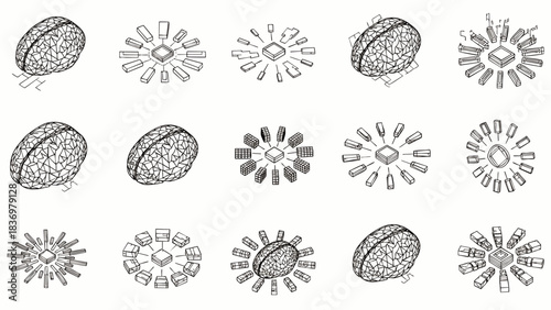 Abstract graphic elements featuring circular and radiating components in a stylized, isometric perspective.