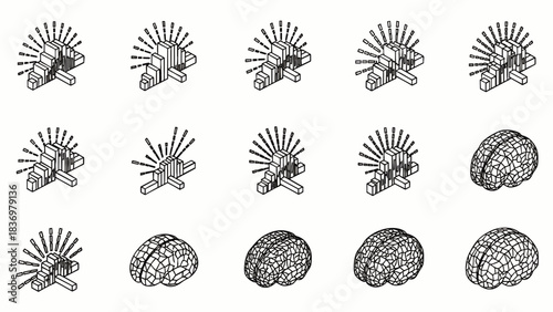 Conceptual illustration of interconnected ideas and complex thought processes represented by abstract geometric shapes and a brain outline.