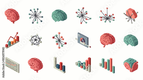 Diverse isometric icons representing data analysis, artificial intelligence, and scientific research concepts.