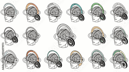 Abstract illustration of a human head with a brain and colorful orbiting rings representing diverse ideas and concepts.