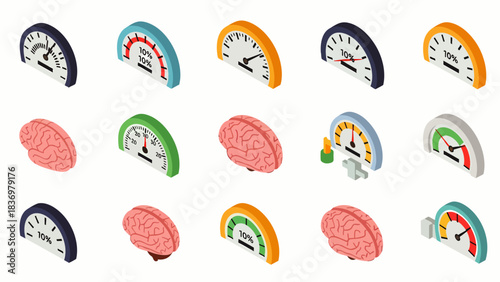Isometric collection of speedometers and human brains illustrating performance, progress, and mental capacity.