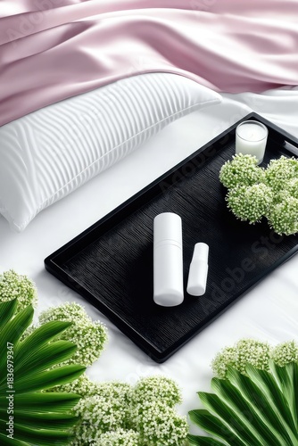 Elegant High End Skincare Products Arranged On A Black Luxury Tray With Satin Fabric And Lush Greenery On A White Bedside Table