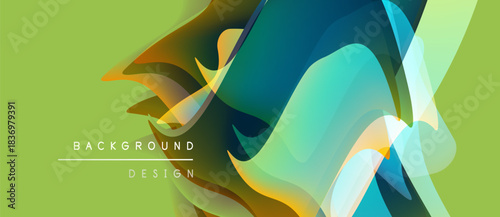 Abstract shapes overlap, creating dynamic visual effect. Green background complements blue, yellow hues. Modern design element.