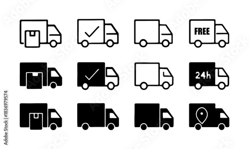 Delivery truck icon set. Black and filled shipping, free, express, location, package, and service symbols for logistics and e-commerce design.