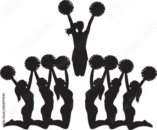 Cheerleading team silhouette with one cheerleader elevated in the air
