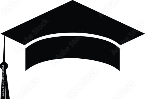 black graduation cap mortarboard silhouette icon with tassel for education and academic achievement isolated on white background.