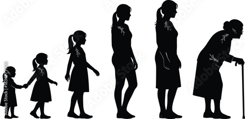 Female life stages silhouette, aging timeline icon, childhood to elderly progression, black illustration, human development phases, generational growth concept, woman aging sequence