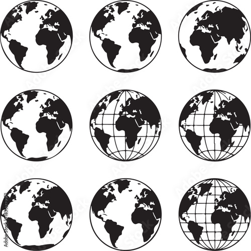 Collection of Black and White Globe Icons Displaying Earth Continents