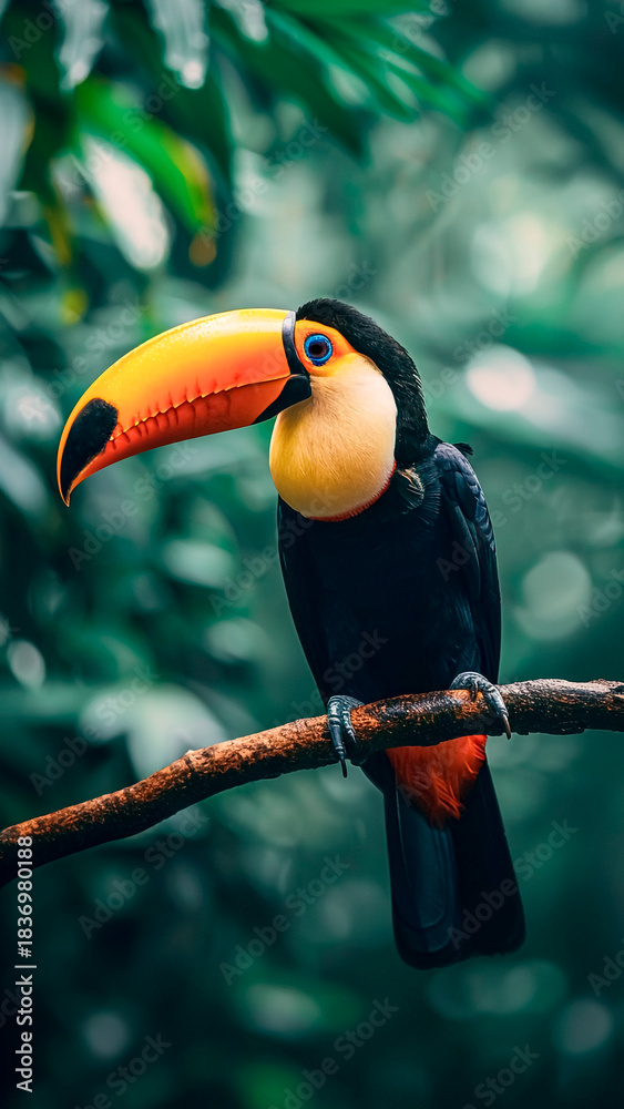 Naklejka premium Colorful Toco Toucan Bird Perched on Tropical Tree Branch. Exotic Wildlife, Natural Habitat, South American Fauna.