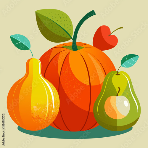 Vibrant illustration of assorted stylized fruits including an orange and pears