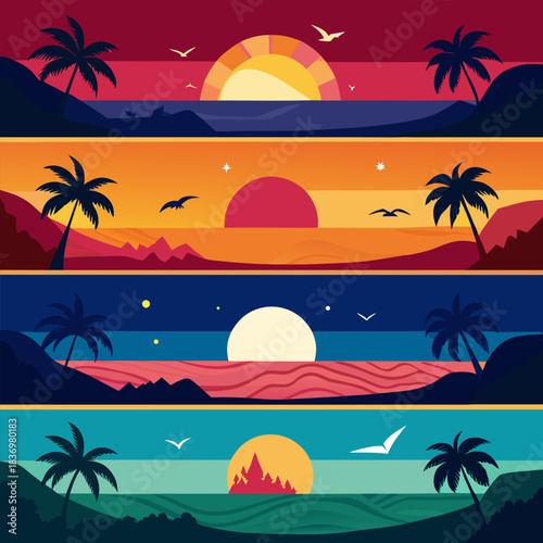 Four stylized tropical sunset and sunrise scenes with palm trees