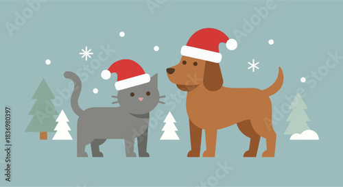 Cute Brown Dog and Grey Cat Wearing Santa Hats Standing Together in Winter Snow Landscape.