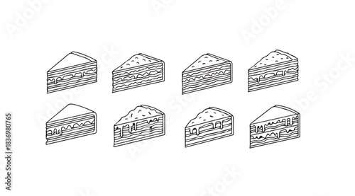 Collection of eight sliced cake pieces line art set isometric perspective drawing vector