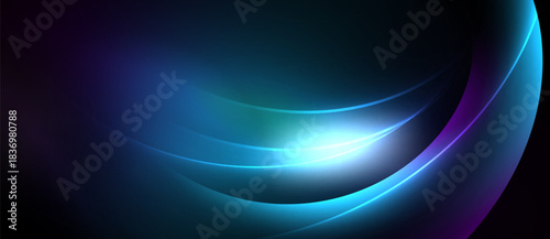 Abstract background features flowing curves, vibrant blues, purples, bright light source. Smooth gradients create dynamic visual effect.