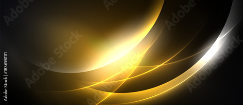 Abstract golden lines curve across black background. Bright light emanates from central area, creating dynamic visual effect.