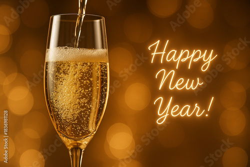 Happy New Year Message with champagne celebration scene with festive golden lights arranged for a luxurious holiday toast with customizable space for text.