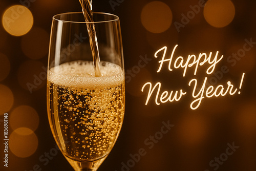 Happy New Year Message with champagne celebration scene with festive golden lights arranged for a luxurious holiday toast with customizable space for text.