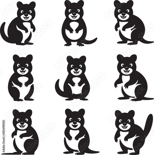 Collection of happy smiling Quokka silhouettes in various poses cute animal