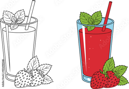 Refreshing Red Berry Smoothie or Cocktail Drink in a Tall Glass with Straw, Fresh Strawberries, and Mint Leaves on White Background.