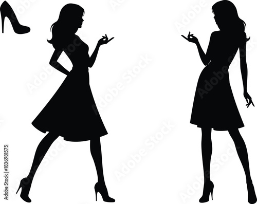 Fashion silhouette trio, stylish woman poses, high heel icon, black illustration, elegance gesture, runway stance, feminine design concept, visual arts reference