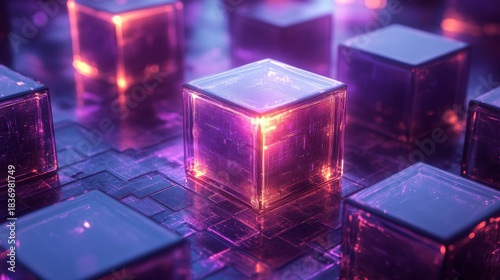 A futuristic composition of glowing glass cubes in vibrant neon lights arranged in dynamic order, modern technology, artificial intelligence, blockchain, data storage, innovation and digital design.