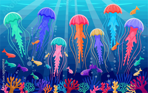 Vibrant vector illustration of colorful jellyfish drifting above a coral reef with playful fish in deep blue ocean waters
