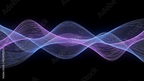 Abstract glowing sound wave visualization with blue and purple tones on a black background representing audio frequencies and digital signals