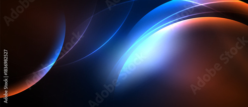 Abstract flowing shapes, vibrant colors, dark background. Light radiates from central point, creating dynamic composition.