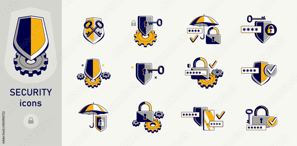 Fototapeta premium Safety and security vector detailed icons set, account privacy and antivirus, protected personal data cybersecurity.