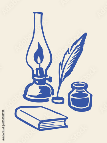 Vintage oil lamp quill and book hand drawn sketch vector illustration