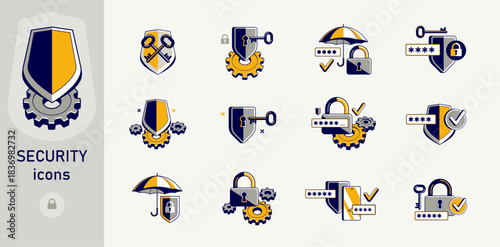 Safety and security vector detailed icons set, account privacy and antivirus, protected personal data cybersecurity.