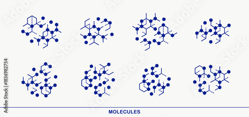 Chemical molecules vector icons set, chemistry science theme, laboratory research and experiments, pharmacology and healthcare.