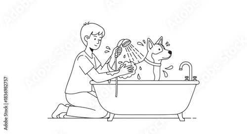 Boy bathing dog in bathtub with shower head