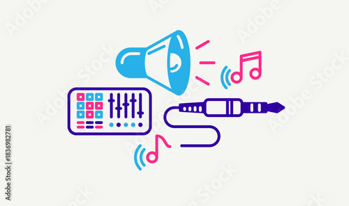 Music and recording studio vector detailed icon, sound producing and audio engineering bundle, playing instruments.